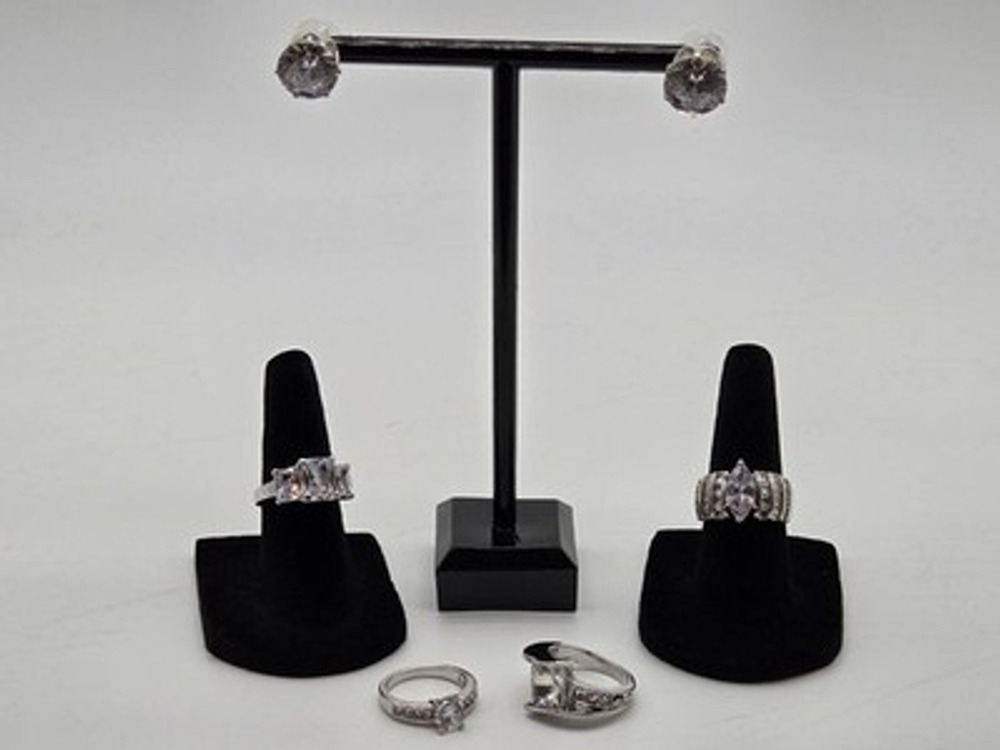 5 Pc Cubic Zirconia Rings And Stud Earings Lot Silver Tone Cocktail...